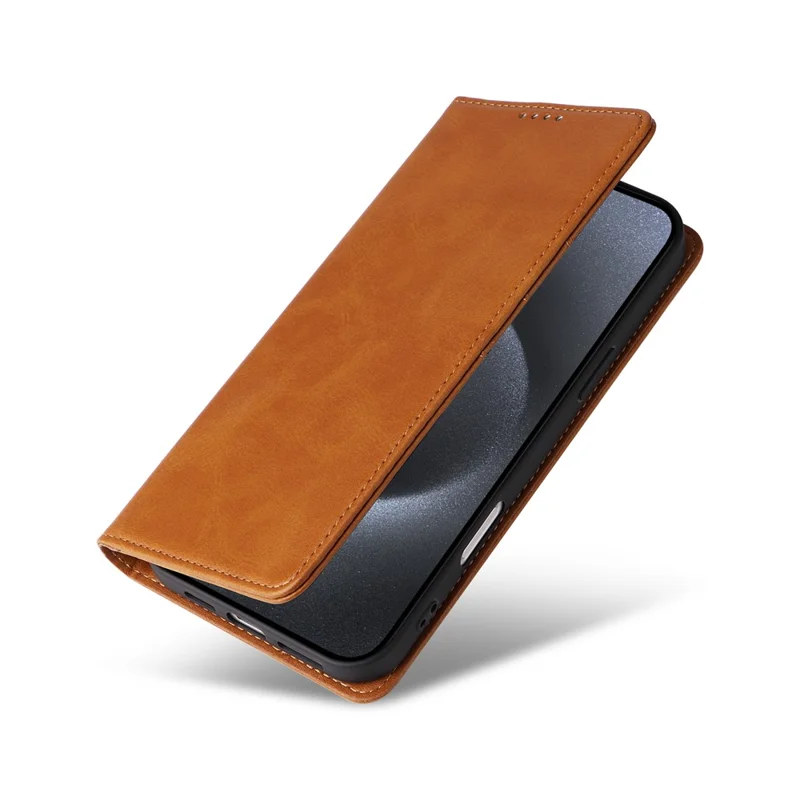 Voor iPhone 15 Pro hoesje RFID-blokkering telefoon lederen cover met magnetische sluiting - Bruin