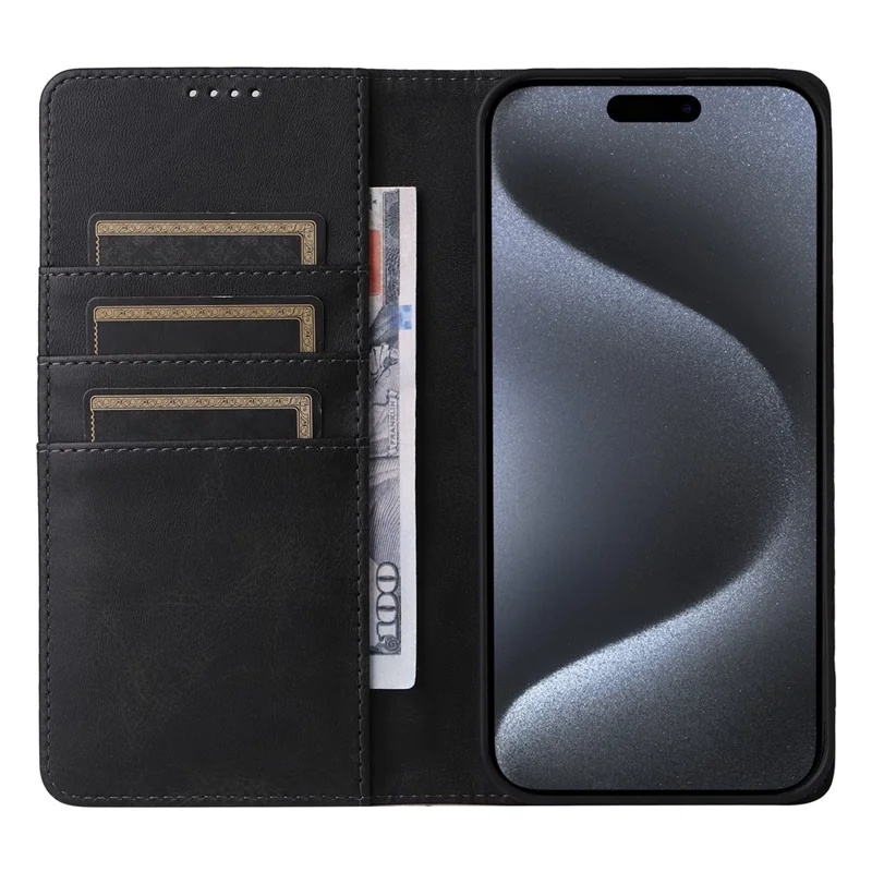 Voor iPhone 15 Pro hoesje RFID-blokkering telefoon lederen cover met magnetische sluiting - Zwart