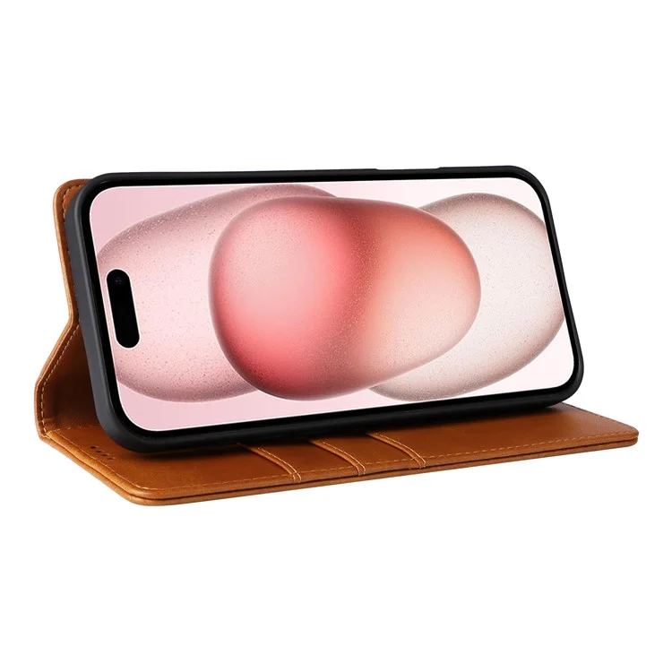 Para iPhone 15 Plus / 14 Plus Case RFID Blocking PU Leather Wallet Stand Cover - Brown