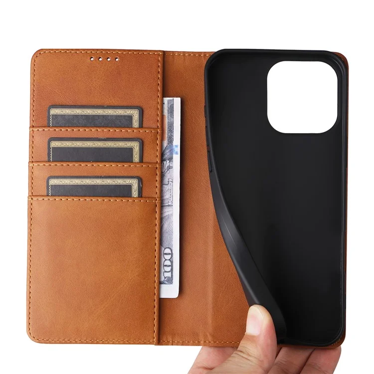 Para iPhone 15 Plus / 14 Plus Case RFID Blocking PU Leather Wallet Stand Cover - Brown