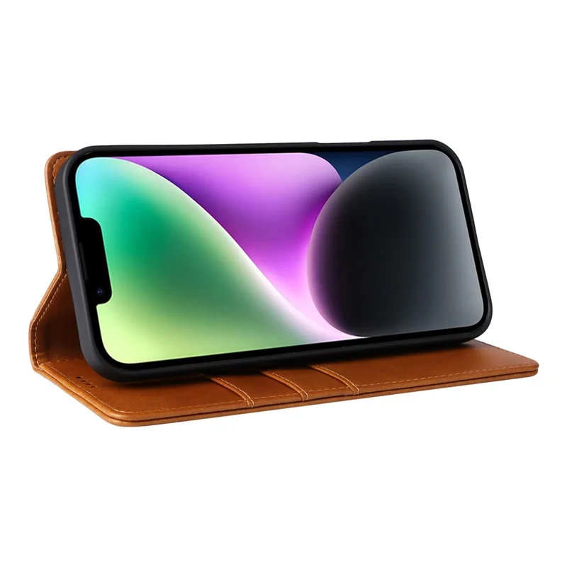 For iPhone 14 / 13 Case RFID Blocking PU Leather Phone Wallet Cover - Brown