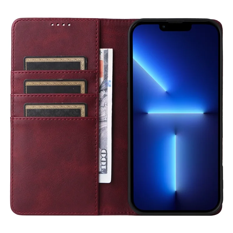 For iPhone 13 Pro Leather Case RFID Blocking Card Slots Wallet Phone Cover - Wine Red