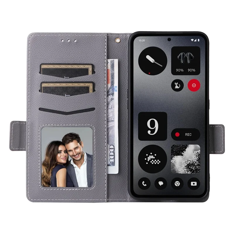 For Nothing CMF Phone 1 Case with Wrist Strap Litchi Texture PU Leather Wallet Phone Cover - Grey