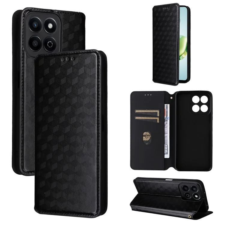 For Honor X7c 4G / 200 Smart 5G / Play 60 Plus 5G / Play 9T Case Rhombus Imprint PU Leather Phone Wallet Cover - Black