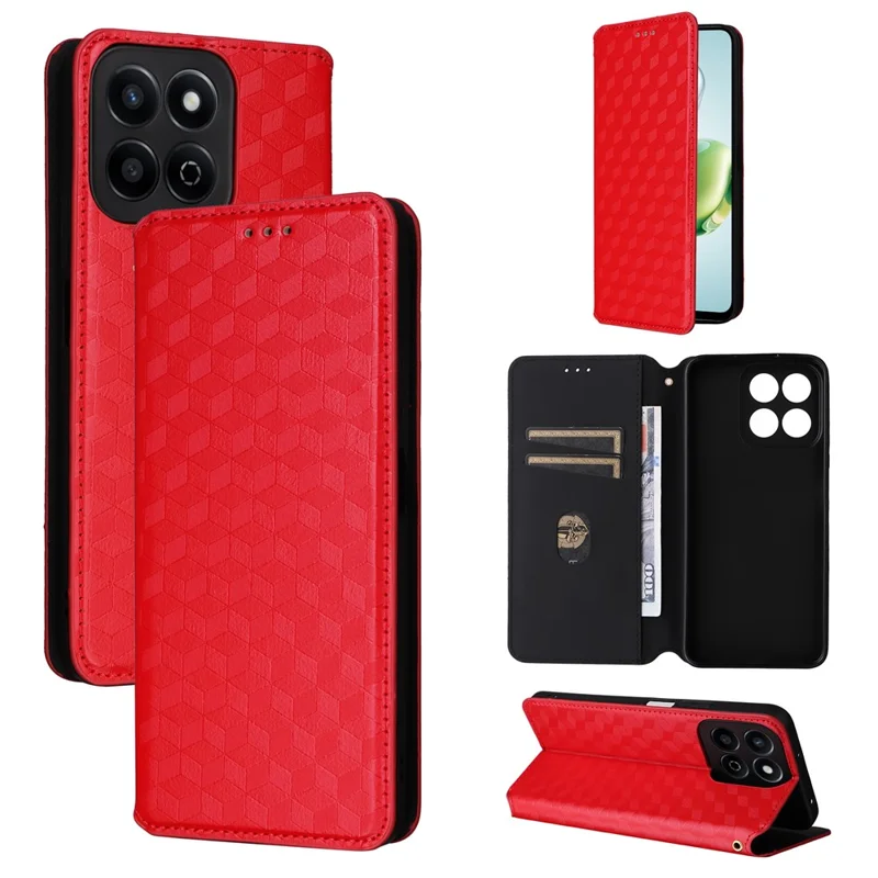 For Honor X7c 5G / X7c 4G / 200 Smart 5G / Play 60 Plus 5G / Play 9T Case Rhombus Imprint PU Leather Phone Wallet Cover - Red