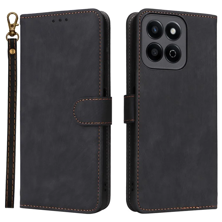 For Honor X7c 4G / 200 Smart 5G / Play 60 Plus 5G / Play 9T Case RFID Blocking Phone Leather Cover with Hand Strap - Black