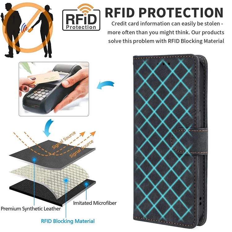For Honor X7c 4G / 200 Smart 5G / Play 60 Plus 5G / Play 9T Case RFID Blocking Phone Leather Cover with Hand Strap - Black