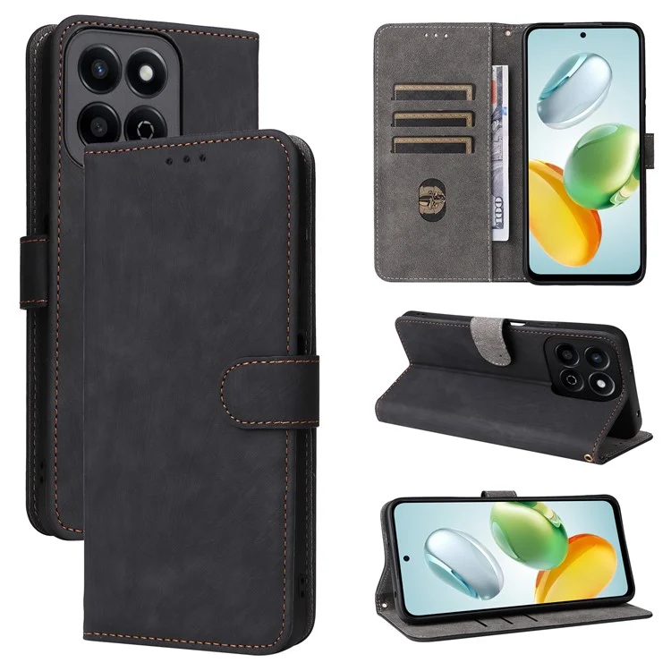 For Honor X7c 4G / 200 Smart 5G / Play 60 Plus 5G / Play 9T Case RFID Blocking Phone Leather Cover with Hand Strap - Black