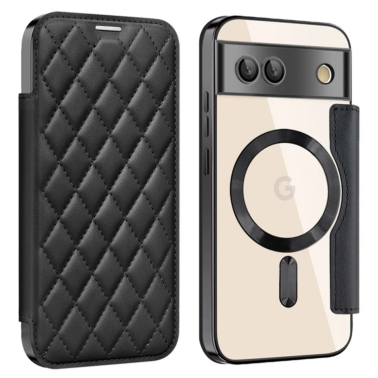 Para Google Pixel 8a Case Compatível com MagSafe Rhombus PU Leather Phone Cover - Preto