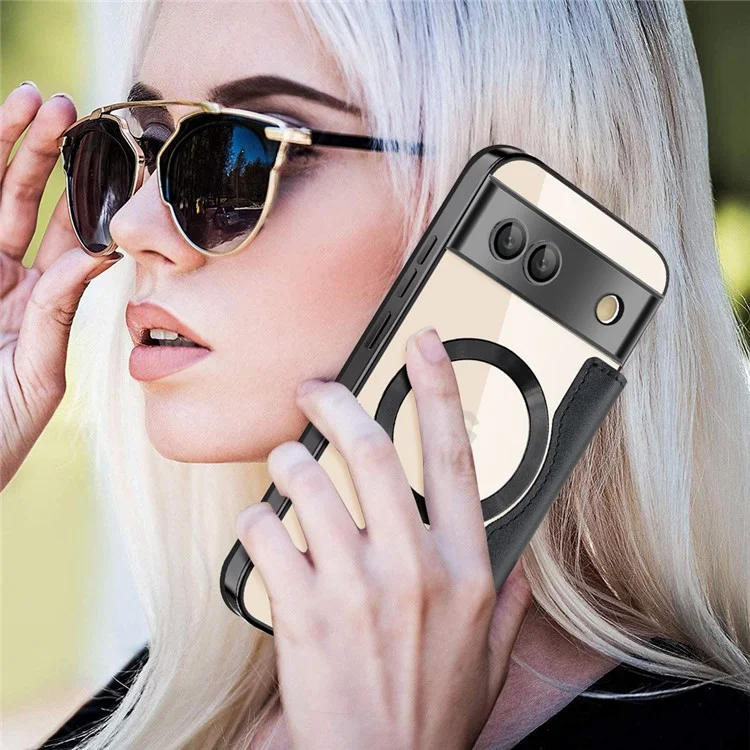 Para Google Pixel 8a Case Compatível com MagSafe Rhombus PU Leather Phone Cover - Preto