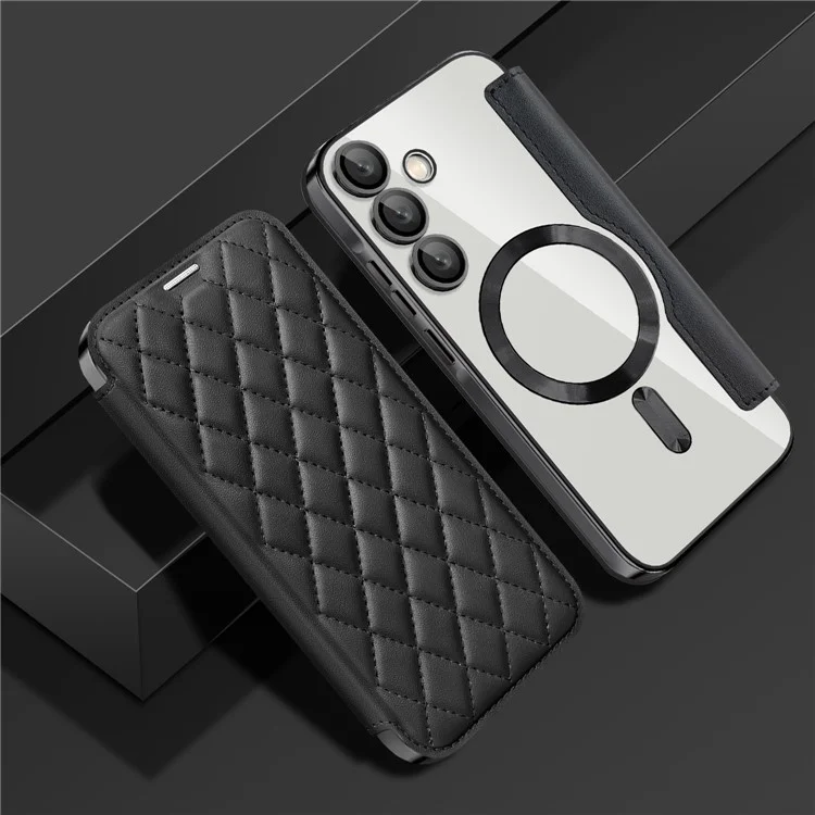 Para Samsung Galaxy A35 5G Case Card Slot Rhombus Leather Phone Cover Compatible with MagSafe - Preto
