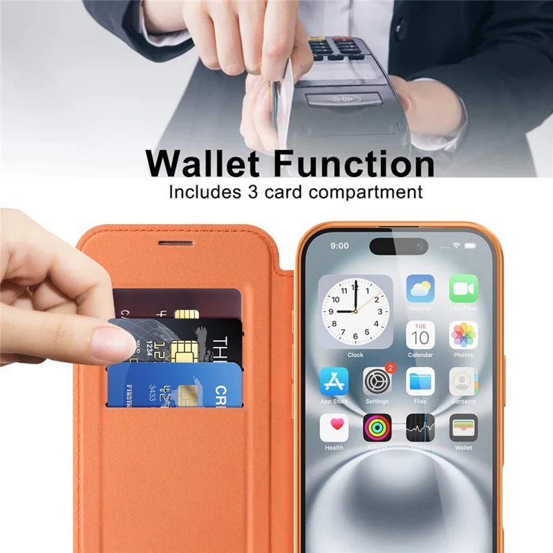 Coque magnétique pour iPhone 16, étui en cuir avec protection RFID - Orange