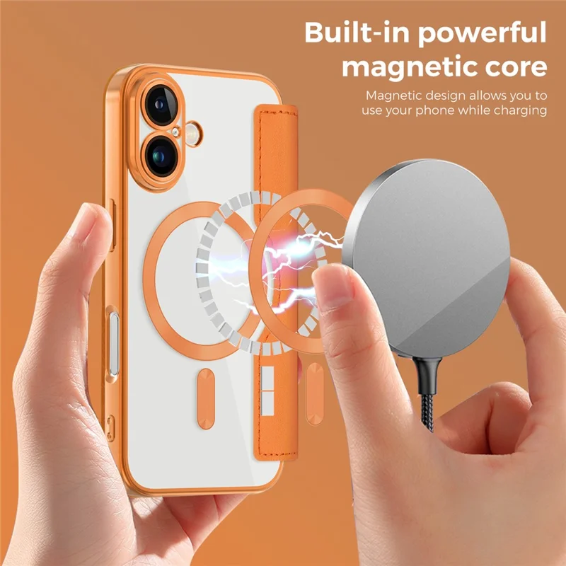 Coque magnétique pour iPhone 16, étui en cuir avec protection RFID - Orange