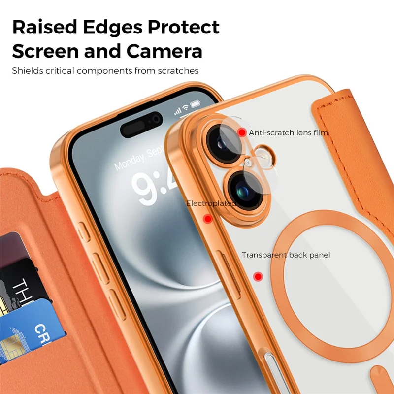 Coque magnétique pour iPhone 16, étui en cuir avec protection RFID - Orange