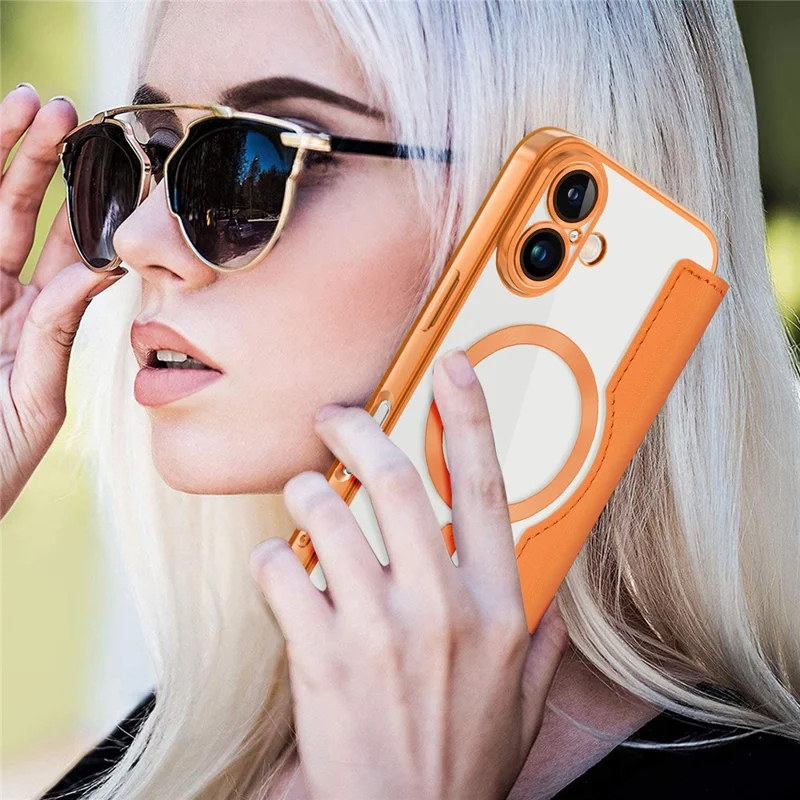 Coque magnétique pour iPhone 16, étui en cuir avec protection RFID - Orange