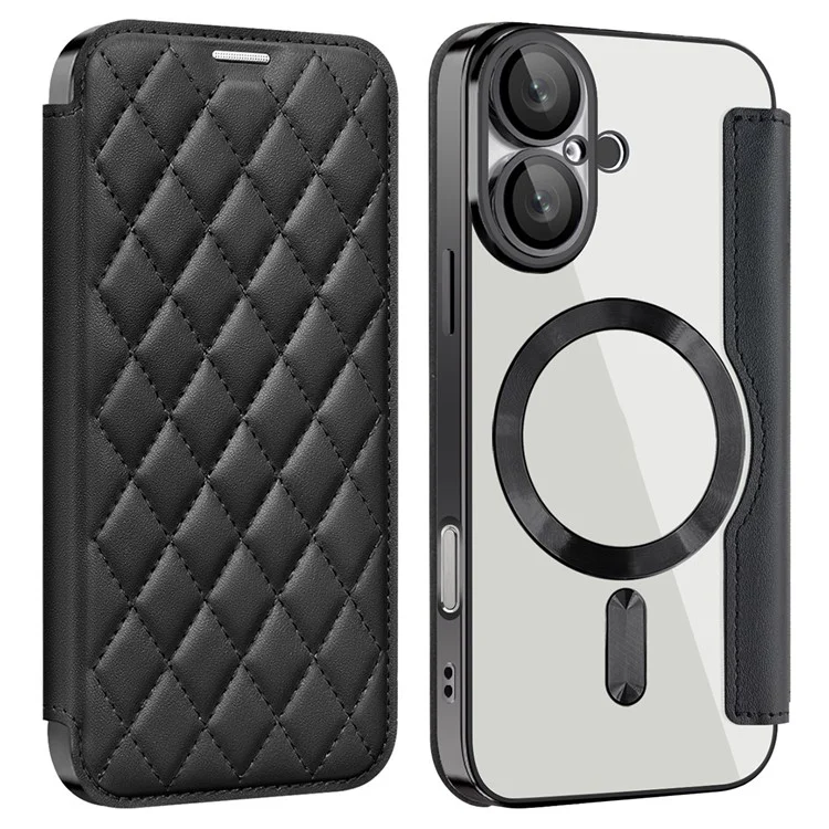 Funda para iPhone 16 Plus compatible con MagSafe Rhombus PU Leather Phone Cover - Negro