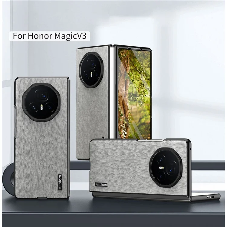 For Honor Magic V3 5G Phone Case Wood Texture PU Leather+PC+TPU Back Cover - Grigio