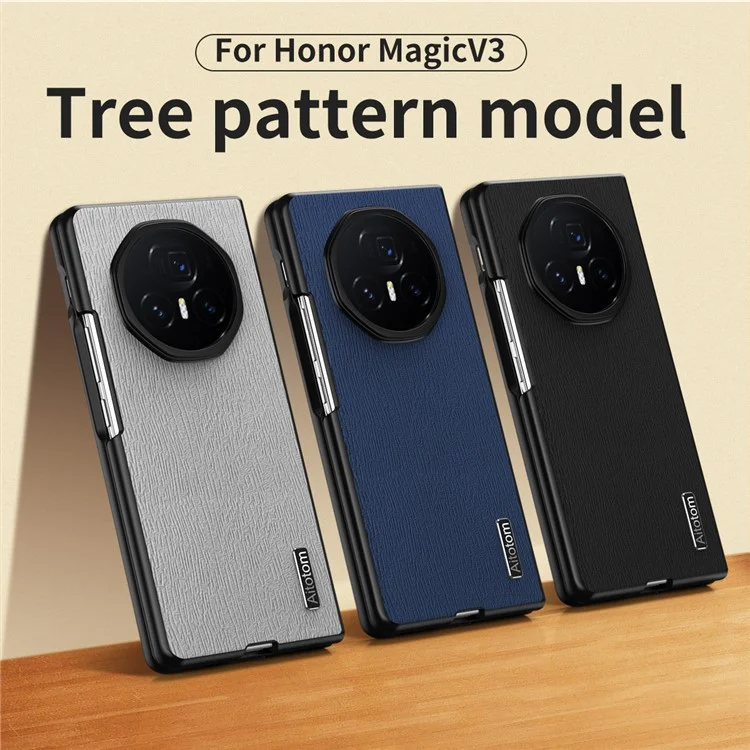 For Honor Magic V3 5G Phone Case Wood Texture PU Leather+PC+TPU Back Cover - Grigio