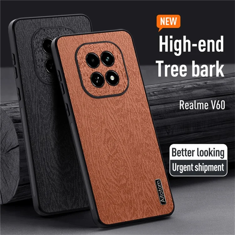 Para Realme V60 5G Case PU Leather Coated PC+TPU Phone Cover Wood Texture - Black