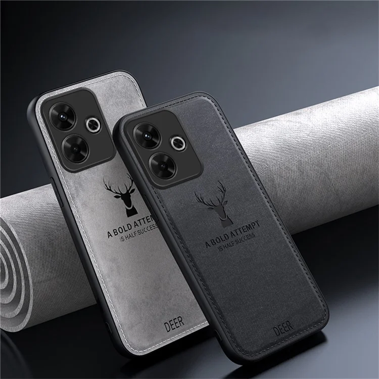 For Xiaomi Redmi Note 13R 5G Case Cloth Texture PU Leather Back Phone Cover Deer Pattern - Black