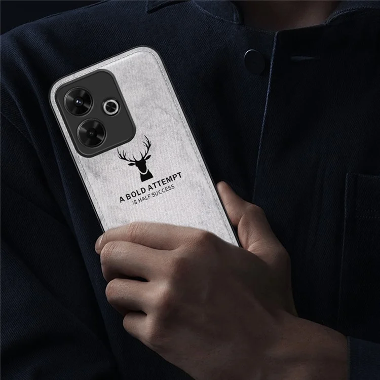 For Xiaomi Redmi Note 13R 5G Case Cloth Texture PU Leather Back Phone Cover Deer Pattern - Black