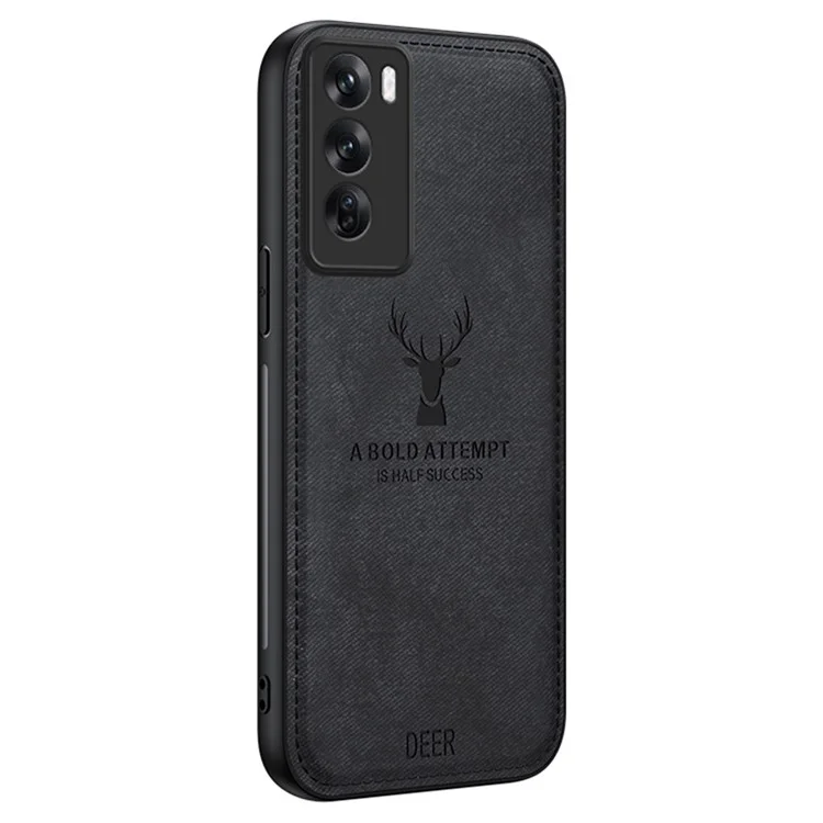 For Oppo Reno12 5G (Global) Phone Case Deer Pattern Cloth Texture PU Leather Back Cover - Black
