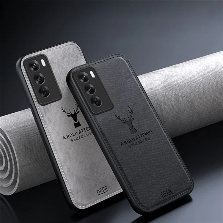 For Oppo Reno12 5G (Global) Phone Case Deer Pattern Cloth Texture PU Leather Back Cover - Black
