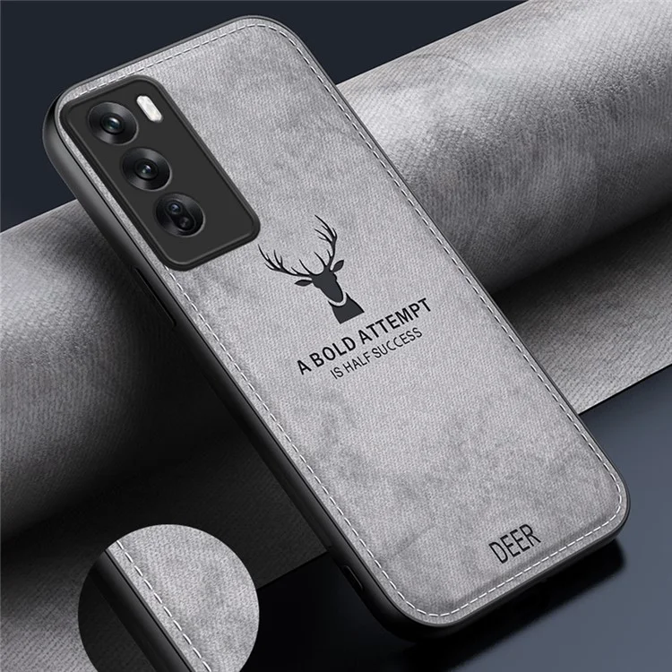 For Oppo Reno12 5G (Global) Phone Case Deer Pattern Cloth Texture PU Leather Back Cover - Black