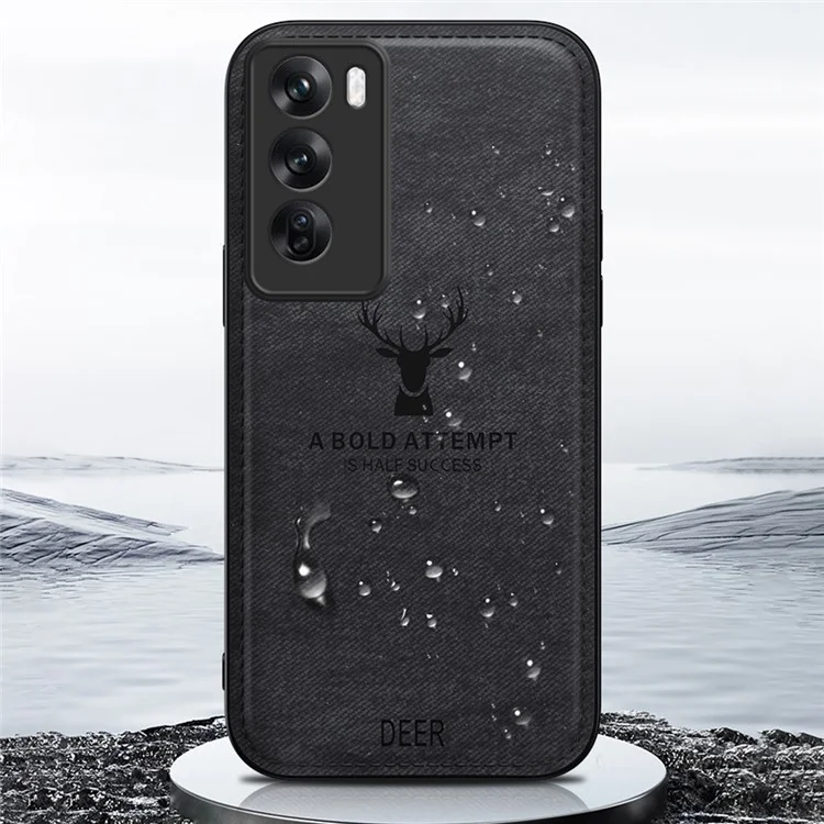 For Oppo Reno12 5G (Global) Phone Case Deer Pattern Cloth Texture PU Leather Back Cover - Black