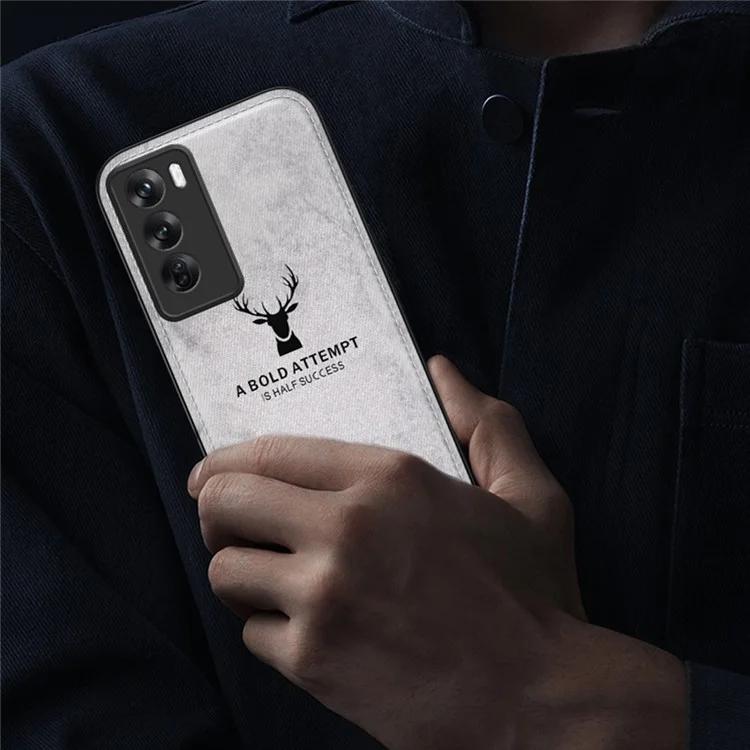 For Oppo Reno12 5G (Global) Phone Case Deer Pattern Cloth Texture PU Leather Back Cover - Black