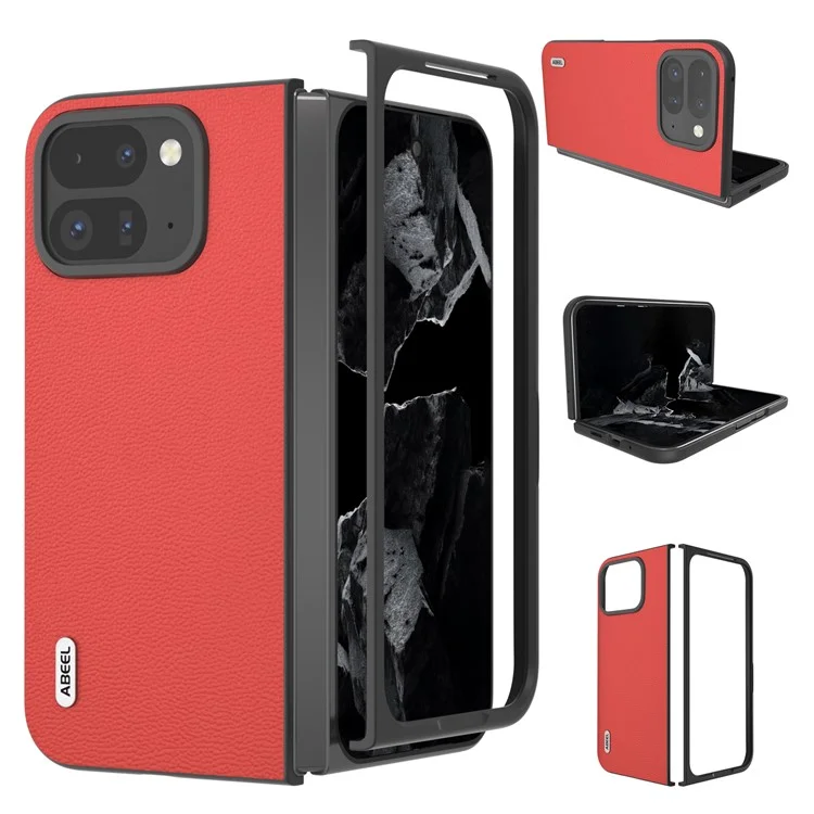 ABEEL For Google Pixel 9 Pro Fold 5G Case Genuine Cow Leather+PC Mobile Phone Cover - Red