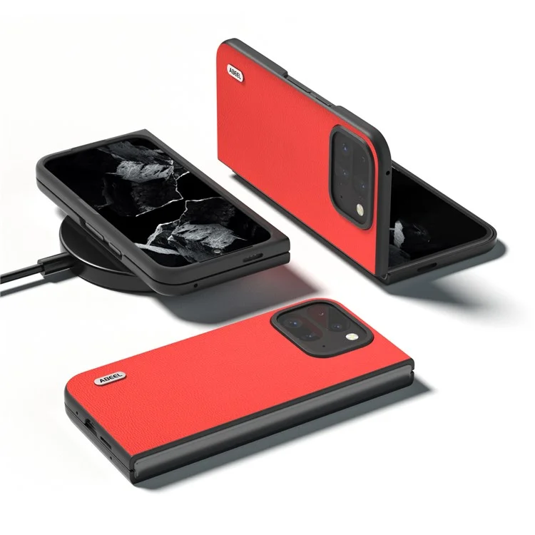 ABEEL For Google Pixel 9 Pro Fold 5G Case Genuine Cow Leather+PC Mobile Phone Cover - Red