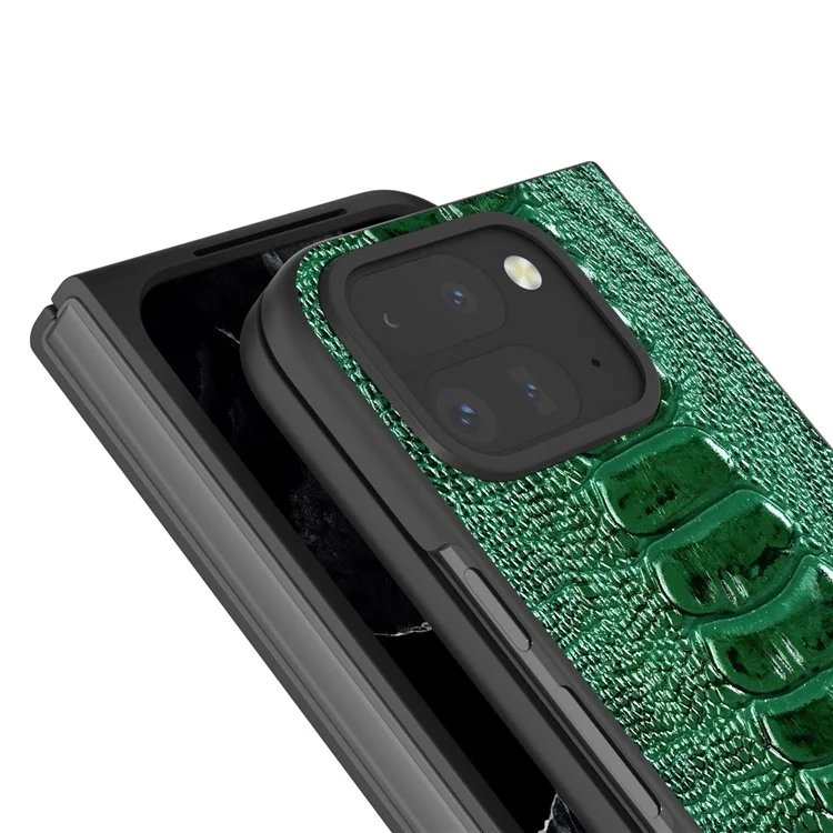 ABEEL для Google Pixel 9 Pro Fold 5G Чехол Текстура крокодила Подлинная кожа коровы + PC Чехол для телефона - Зеленый