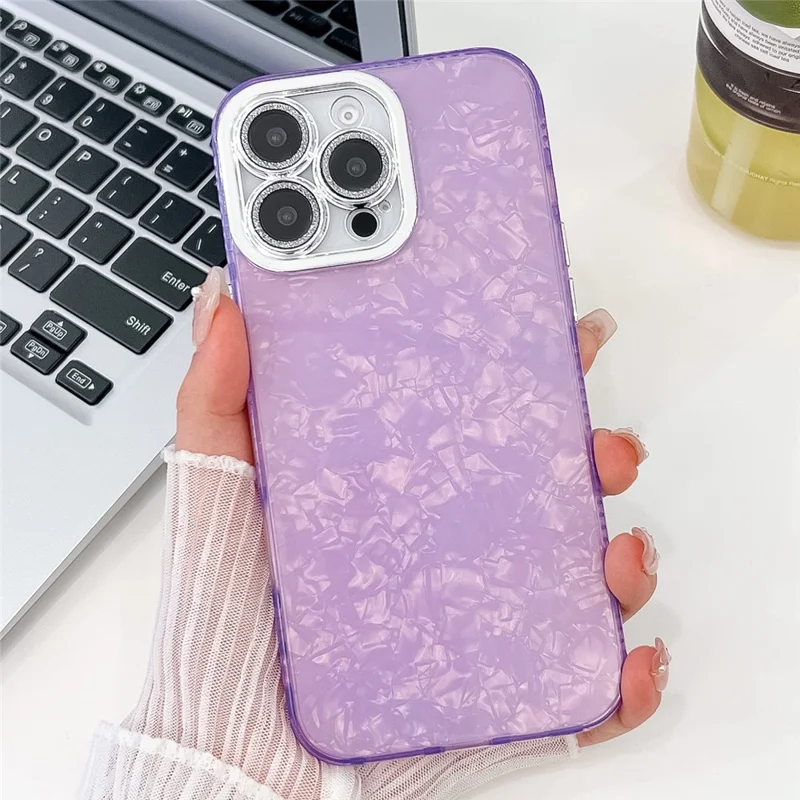 For iPhone 15 Pro Case PC+TPU Texture IMD Phone Cover with Glitter Ring Lens Film - Shell Pattern / Purple