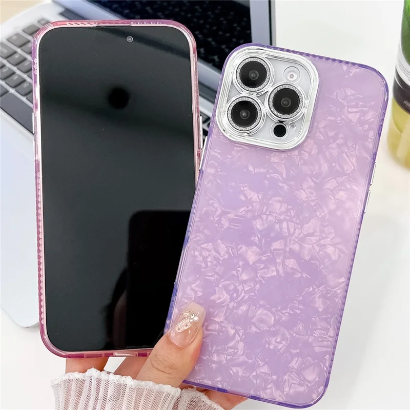 For iPhone 15 Pro Case PC+TPU Texture IMD Phone Cover with Glitter Ring Lens Film - Shell Pattern / Purple