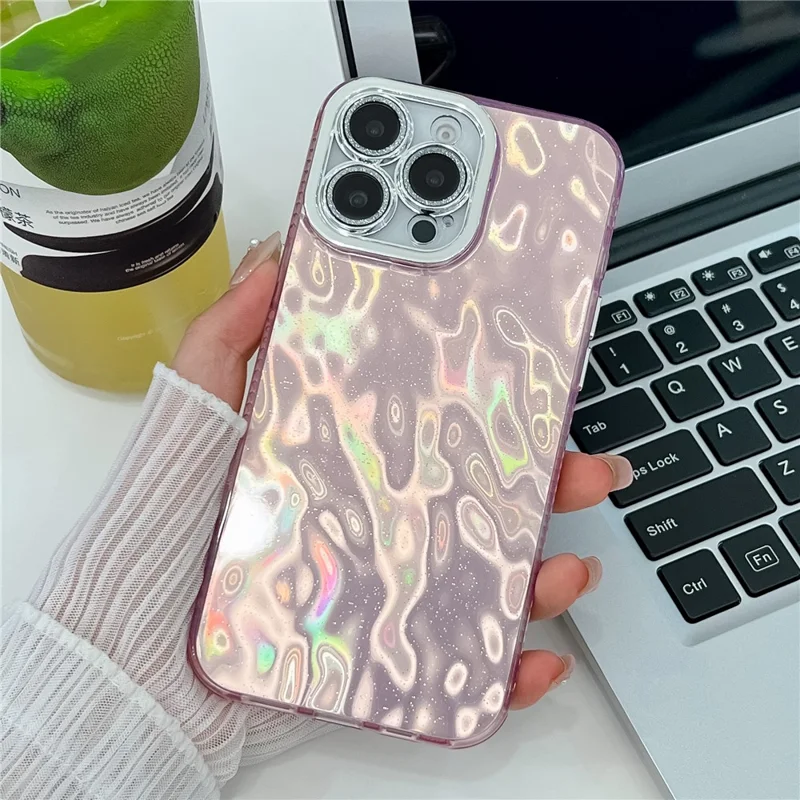 For iPhone 15 Pro Max Case with Lens Film PC+TPU Protective Phone Cover In-Mold Decoration - Wrinkle Pattern / Pink