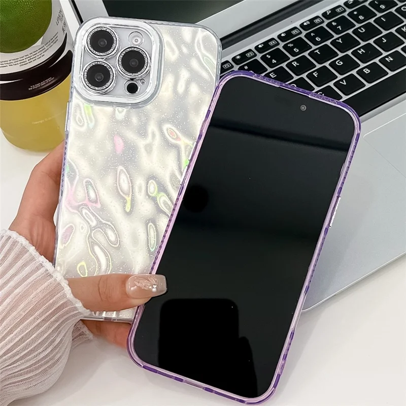 For iPhone 15 Pro Max Case with Lens Film PC+TPU Protective Phone Cover In-Mold Decoration - Wrinkle Pattern / Pink