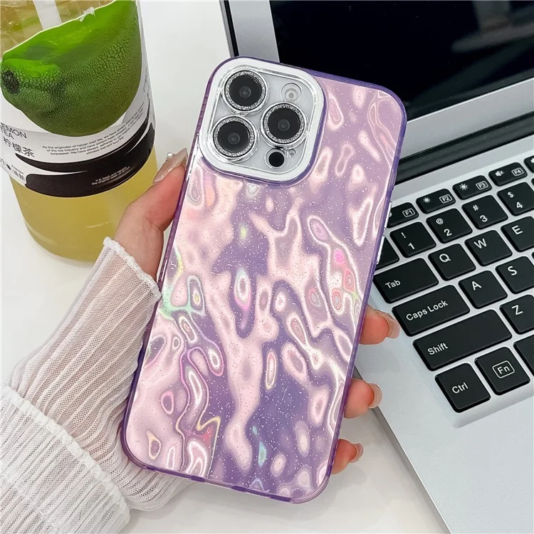 For iPhone 15 Pro Max Case with Lens Film PC+TPU Protective Phone Cover In-Mold Decoration - Wrinkle Pattern / Purple