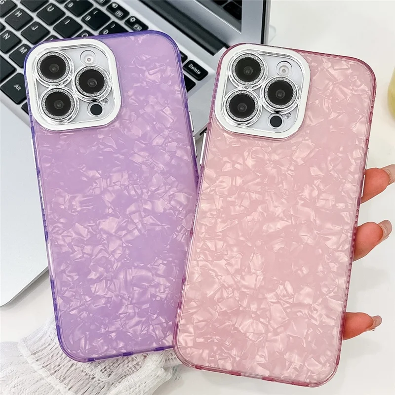 For iPhone 16 Pro Case IMD Design Shockproof PC+TPU Phone Cover with Glass Lens Film - Shell Pattern / Purple