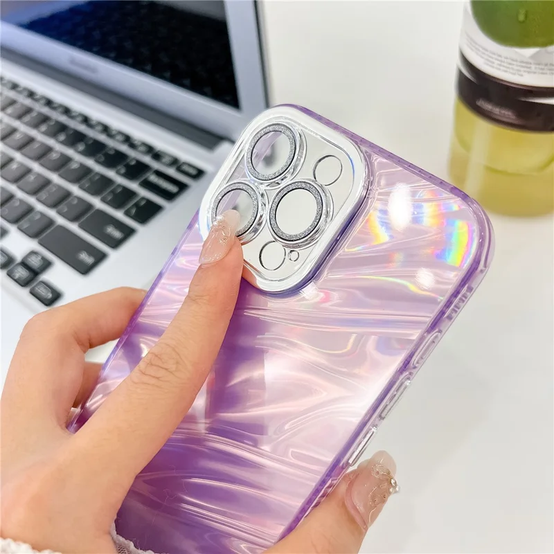 For iPhone 16 Pro Case IMD Design Shockproof PC+TPU Phone Cover with Glass Lens Film - Shell Pattern / Purple