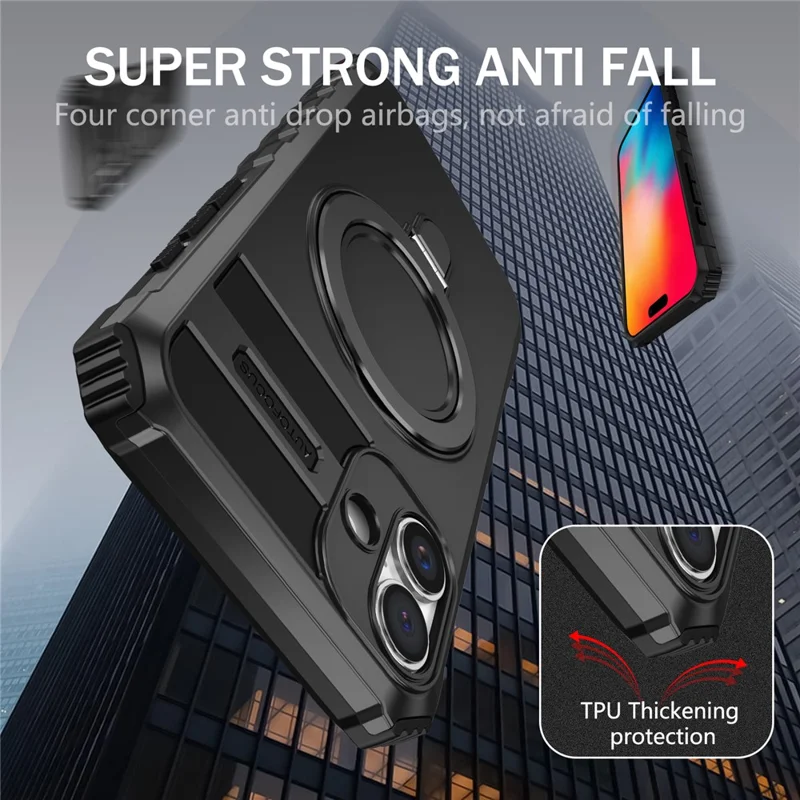 For iPhone 16 Case Magnetic Kickstand PC+TPU Phone Cover Compatible with MagSafe - Black