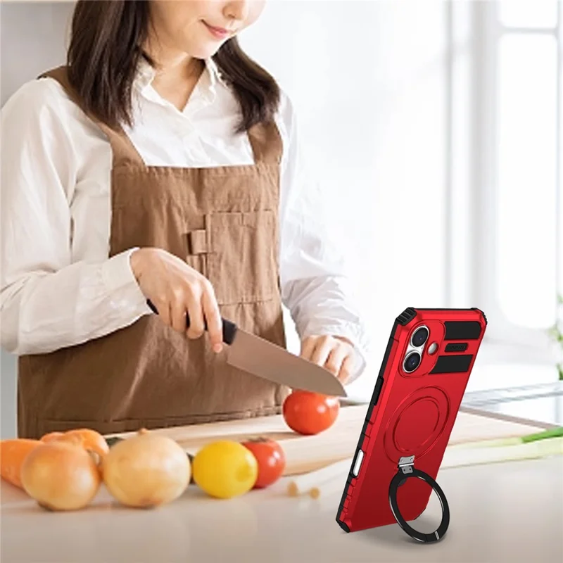 For iPhone 16 Case Magnetic Kickstand PC+TPU Phone Cover Compatible with MagSafe - Red