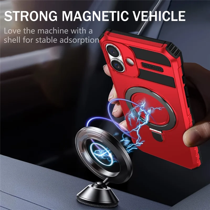 For iPhone 16 Case Magnetic Kickstand PC+TPU Phone Cover Compatible with MagSafe - Red
