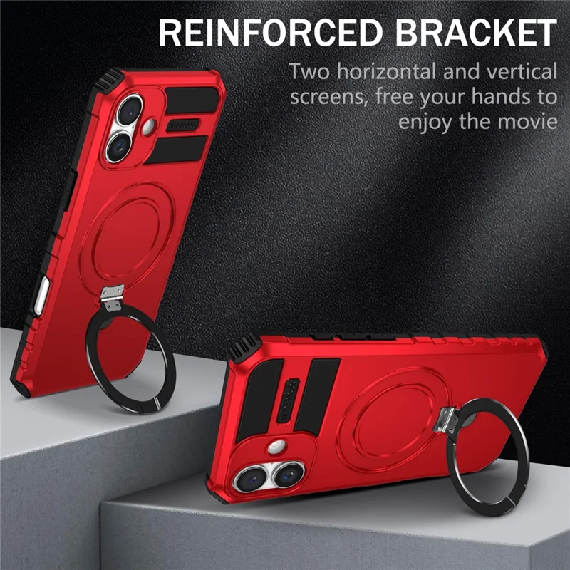 For iPhone 16 Case Magnetic Kickstand PC+TPU Phone Cover Compatible with MagSafe - Red