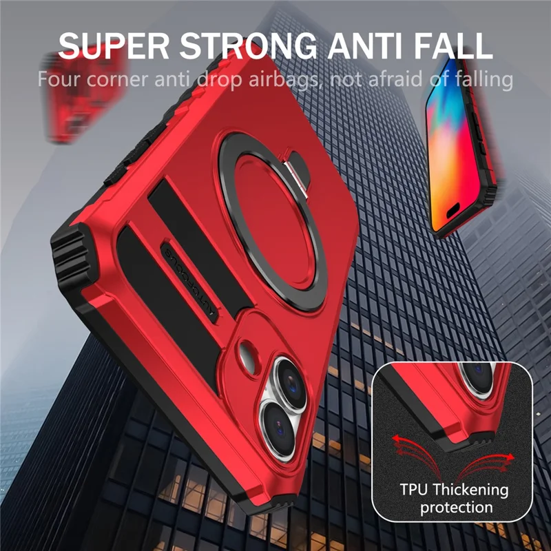 For iPhone 16 Case Magnetic Kickstand PC+TPU Phone Cover Compatible with MagSafe - Red