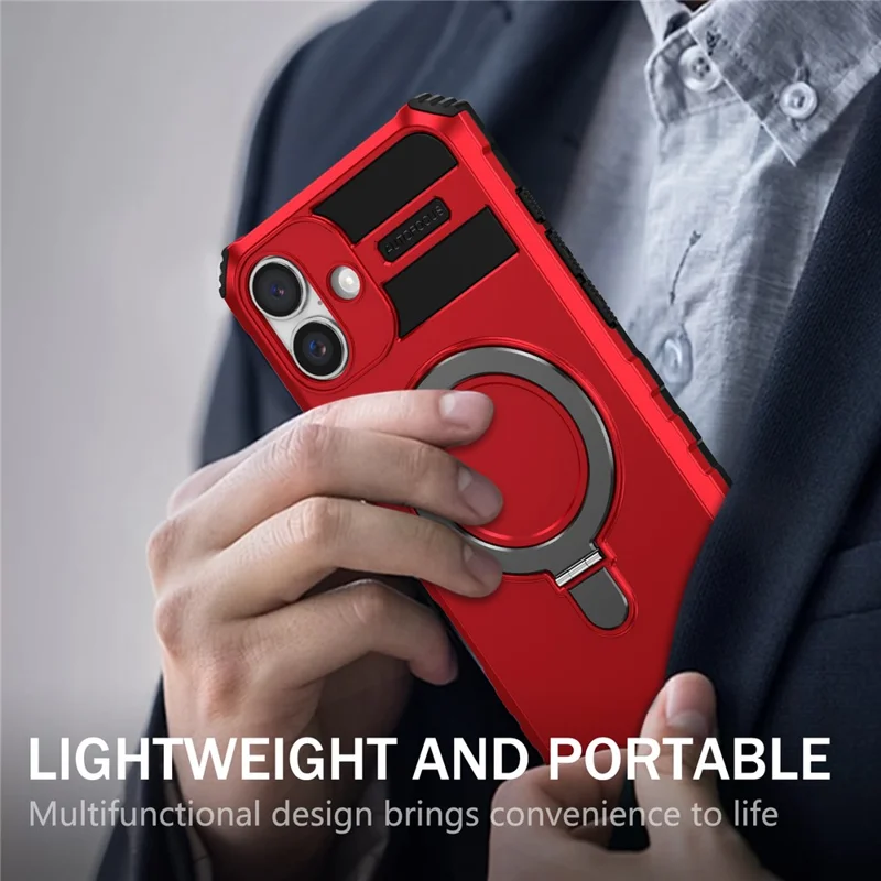 For iPhone 16 Case Magnetic Kickstand PC+TPU Phone Cover Compatible with MagSafe - Red