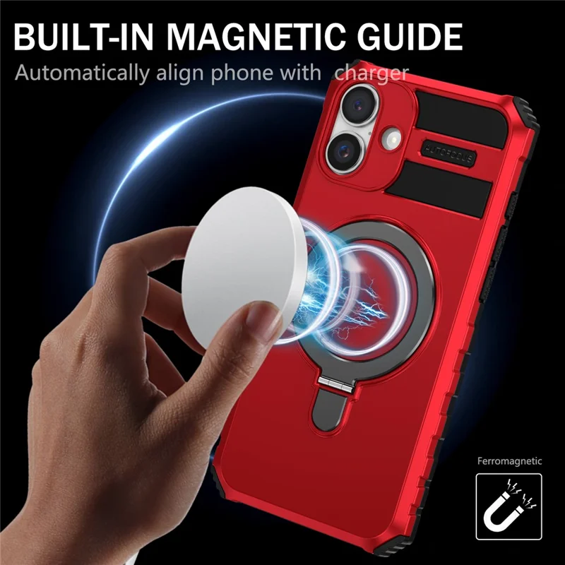 For iPhone 16 Case Magnetic Kickstand PC+TPU Phone Cover Compatible with MagSafe - Red