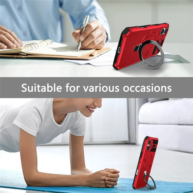 For iPhone 16 Case Magnetic Kickstand PC+TPU Phone Cover Compatible with MagSafe - Red