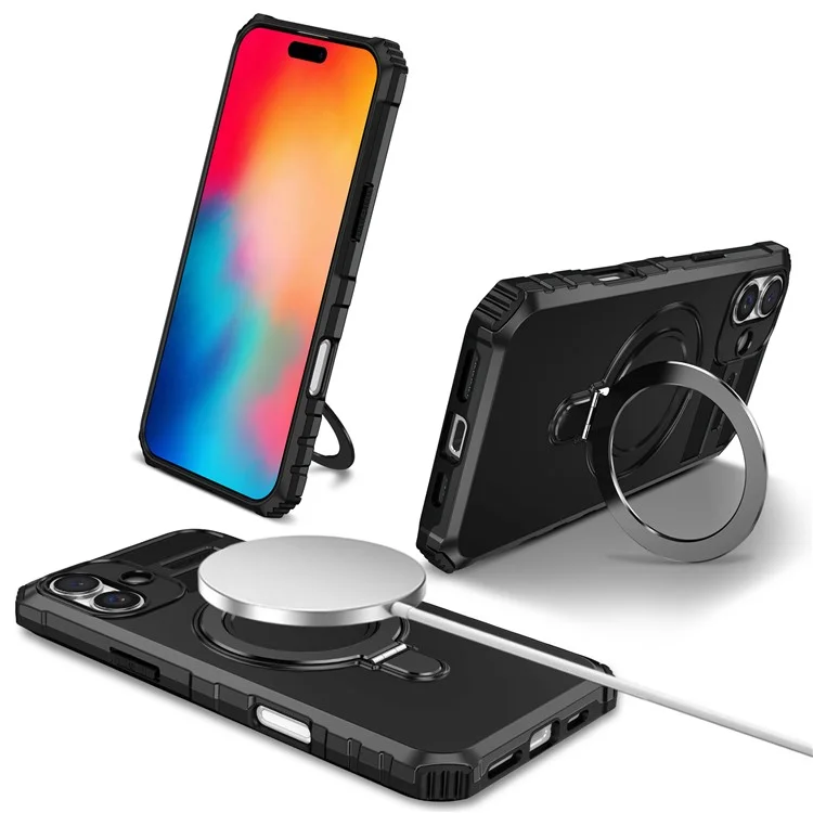Para iPhone 16 Plus Magnetic Case PC+TPU Anti-Scratch Phone Cover with Ring Holder - Preto
