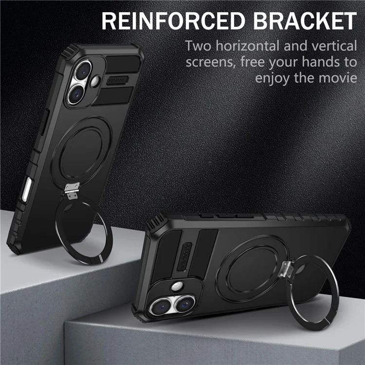 Para iPhone 16 Plus Magnetic Case PC+TPU Anti-Scratch Phone Cover with Ring Holder - Preto